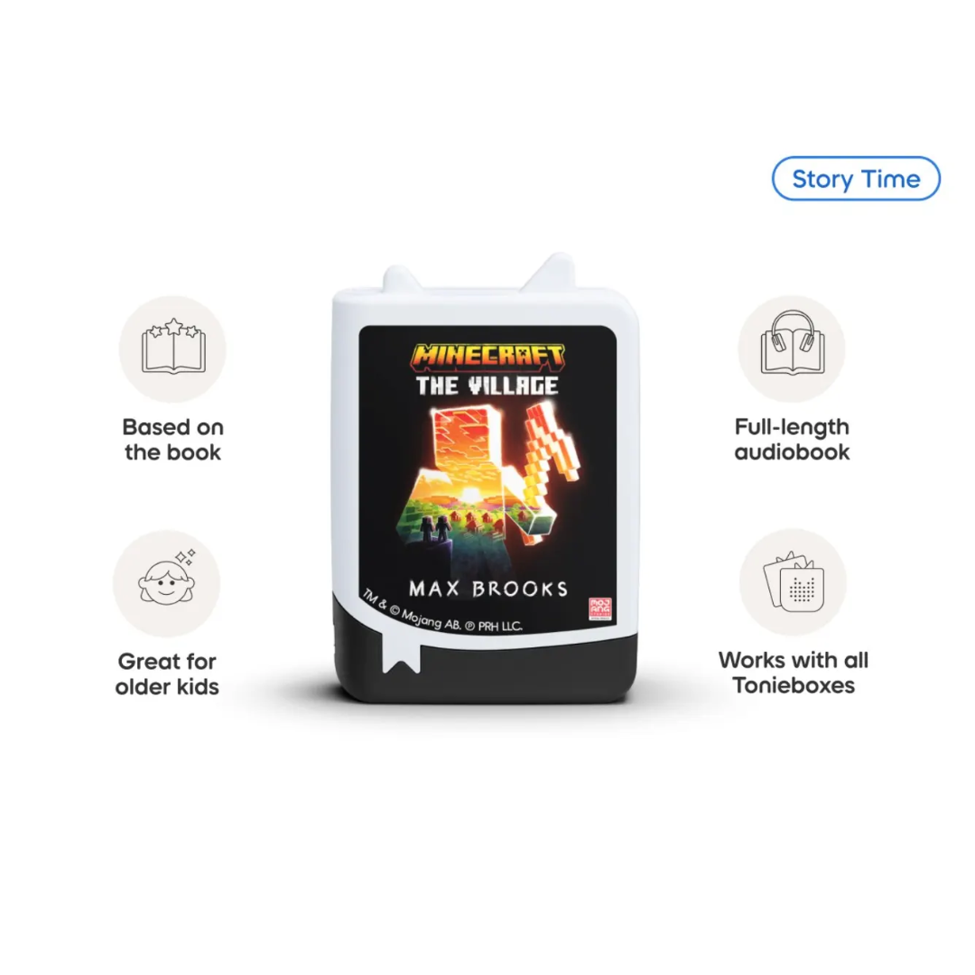 Minecraft-themed audiobook packaging with branding and product features on a white background