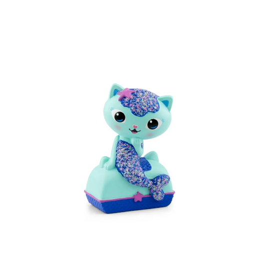 Toy figure of a mermaid cat with a blue body and purple hair on a white background