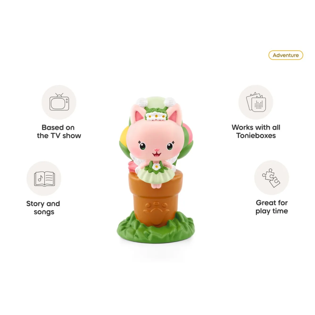 Toy figure of a pink character in a pot with features listed on a white background