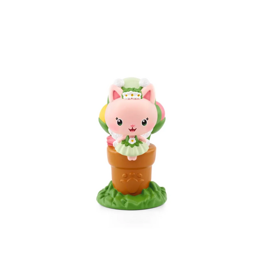 Toy figure of a pink cat-like creature in a pot on a white background