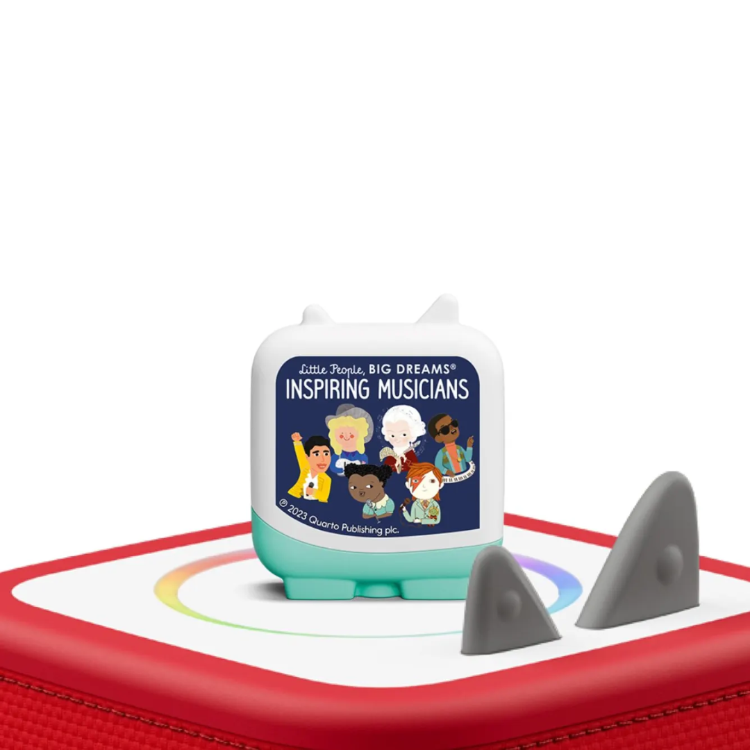 Educational toy set with a container labeled 'Inspiring Musicians' on a white background