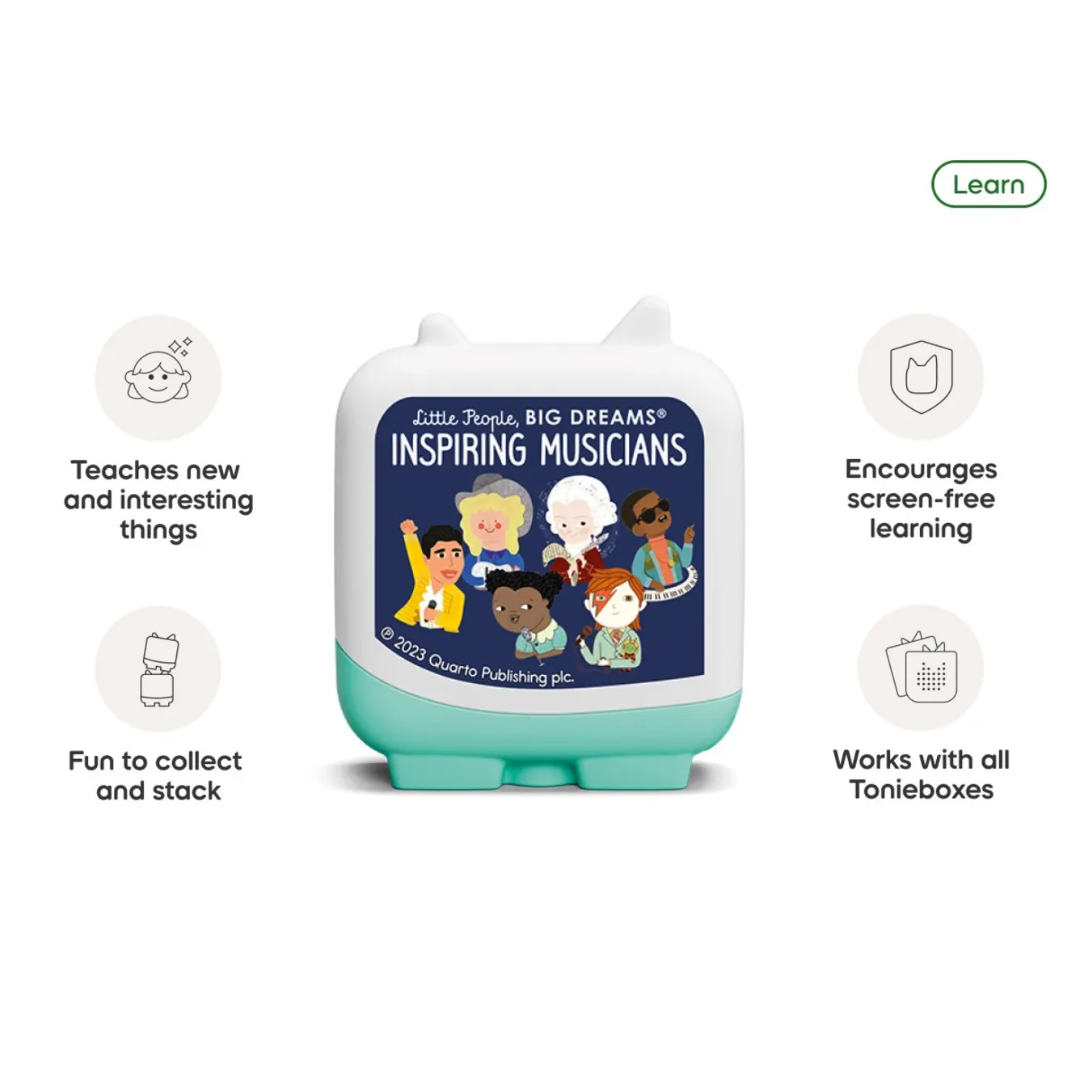 Product packaging for 'Little People, Big Dreams Inspiring Musicians' with features listed on a white background.