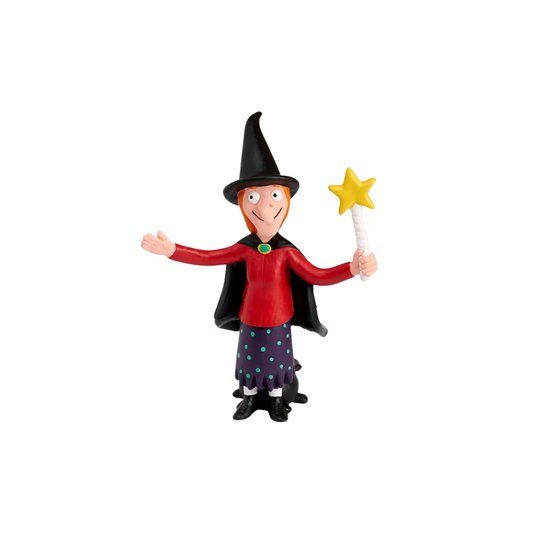 Toy figure of a wizard with a black hat and red robe holding a yellow star wand on a white background