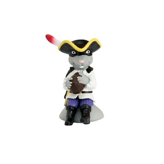 Toy figure of a character in pirate costume holding a treasure chest on a white background
