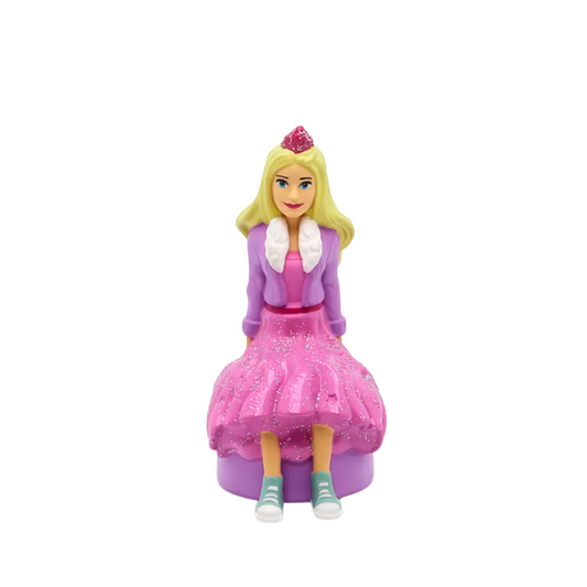 Toy figure of a girl in a pink dress and purple jacket on a white background