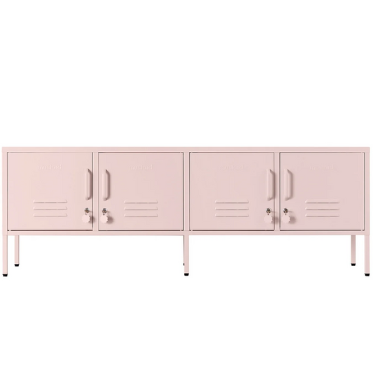 Pink locker-style cabinet on a white background