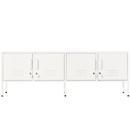 White metal storage unit with multiple doors on a white background