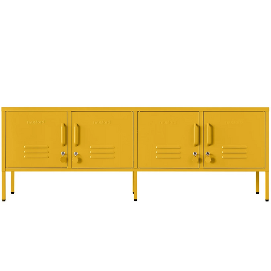 Yellow metal locker-style cabinet on a white background