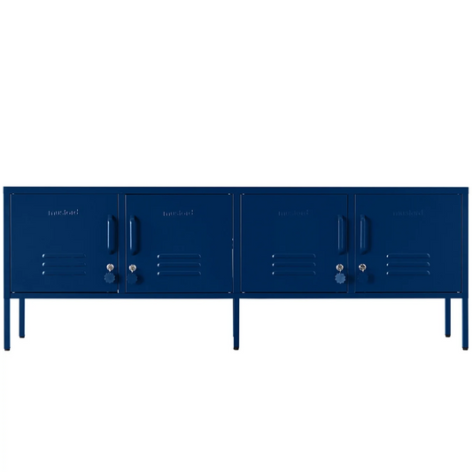 Blue locker-style cabinet on a white background