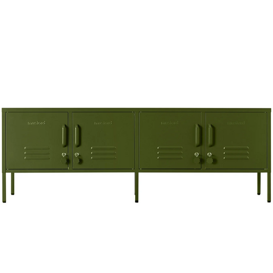 Green locker-style cabinet on a white background
