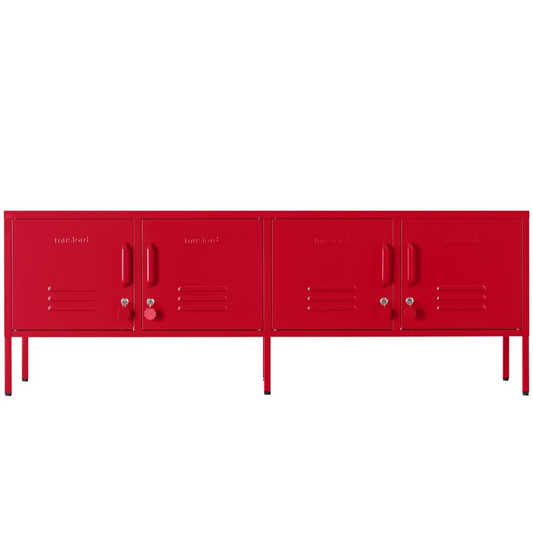 Red locker-style cabinet on a white background