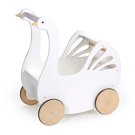 White goose-shaped toy with wooden wheels on a white background