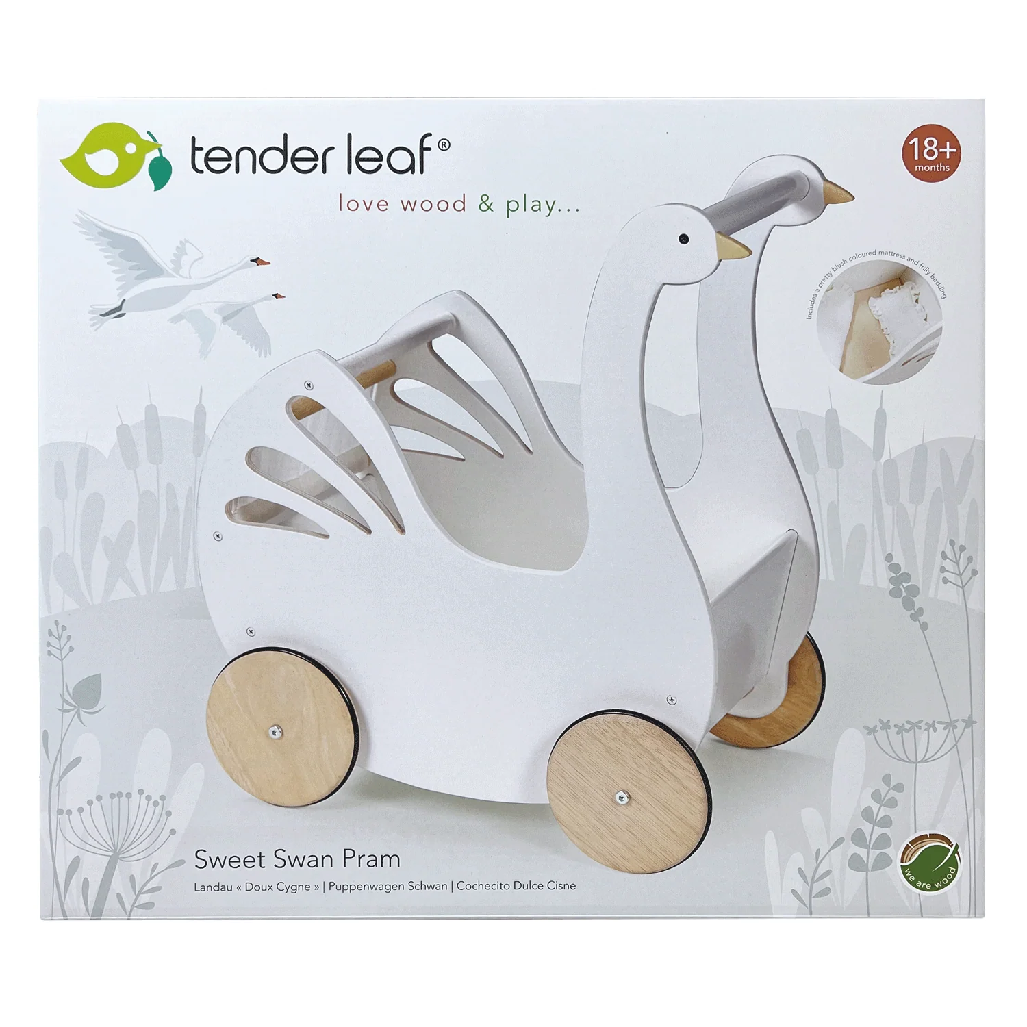 Tender Leaf Sweet Swan Pram packaging with a white swan pram on a light gray background.