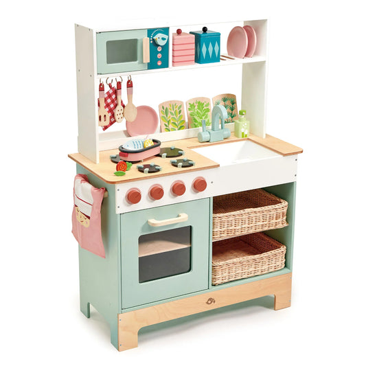 Children's wooden play kitchen set with various accessories on a white background
