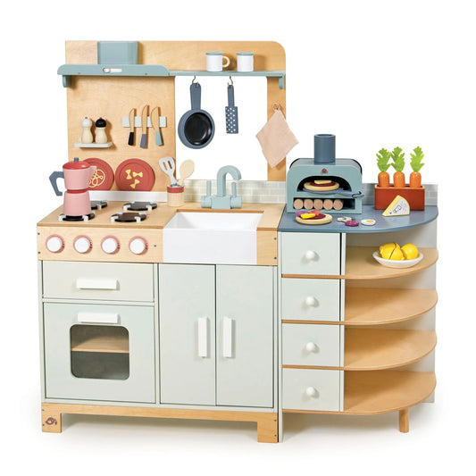 Children's wooden play kitchen set with various accessories on a white background