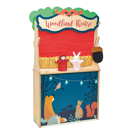Woodland themed puppet theatre with characters and scenery on a white background