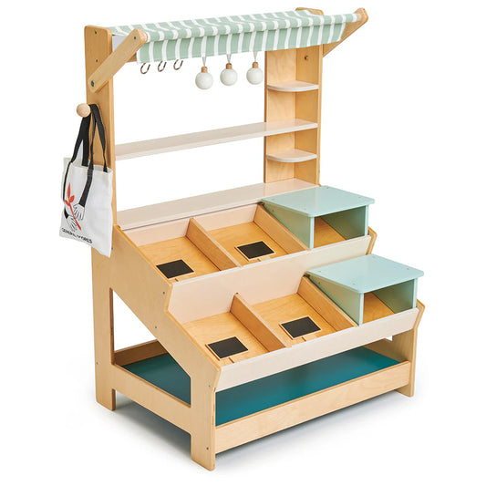 Wooden toy kitchen set with shelves and a canopy on a white background