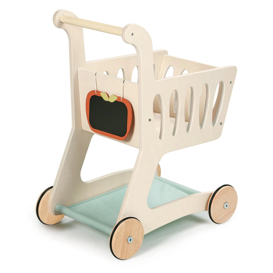 Wooden toy shopping cart with a chalkboard and colorful wheels on a white background