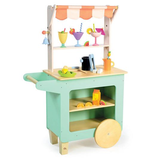 Children's play kitchen set with colorful shelves and accessories on a white background