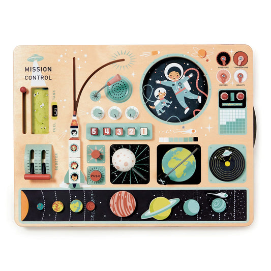 Children's wooden activity board with space-themed design on a white background