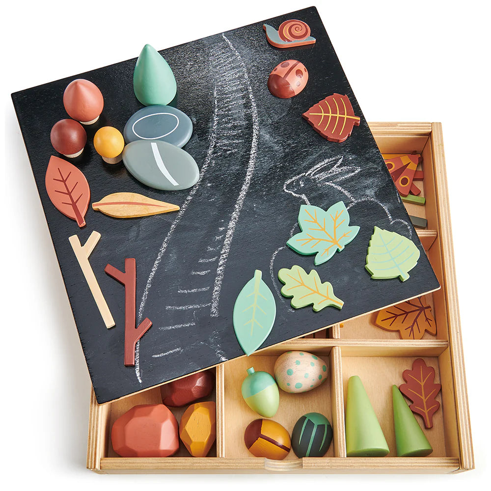 Wooden toy set with colorful shapes and a chalkboard surface