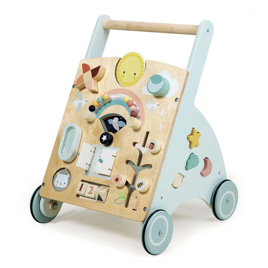Wooden toy walker with colorful shapes and patterns on a white background