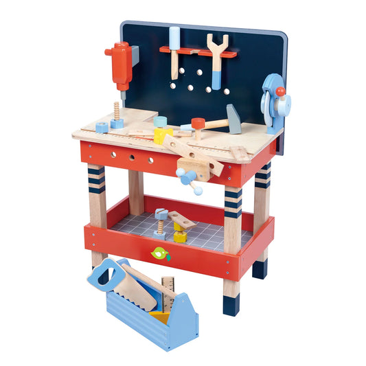 Children's toy workbench with tools on a white background