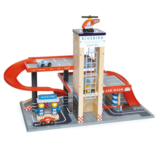 Toy car wash and gas station set with cars on a white background