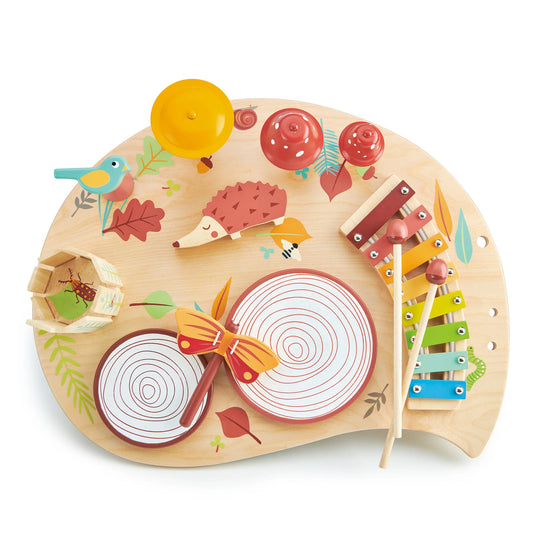 Colorful wooden play set with various animal figures and musical instruments on a white background