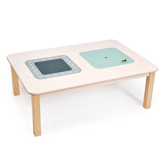 Children's activity table with two inset play surfaces on a white background