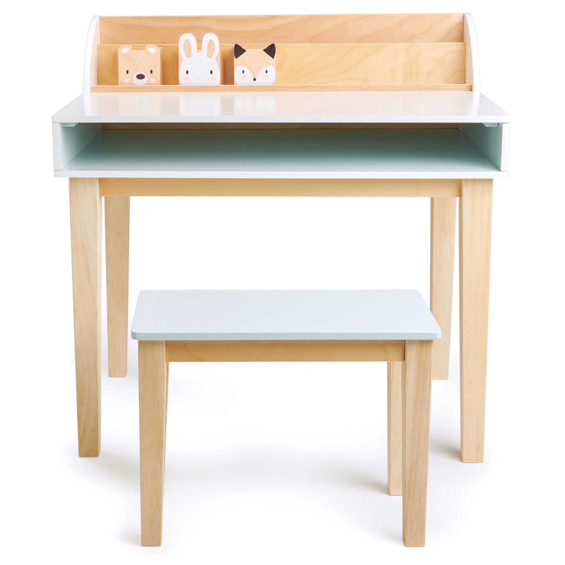 Children's desk and stool set with a white top and light wood legs on a white background