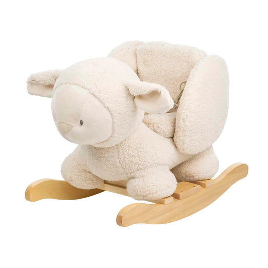 Plush lamb toy on a wooden rocker on a white background