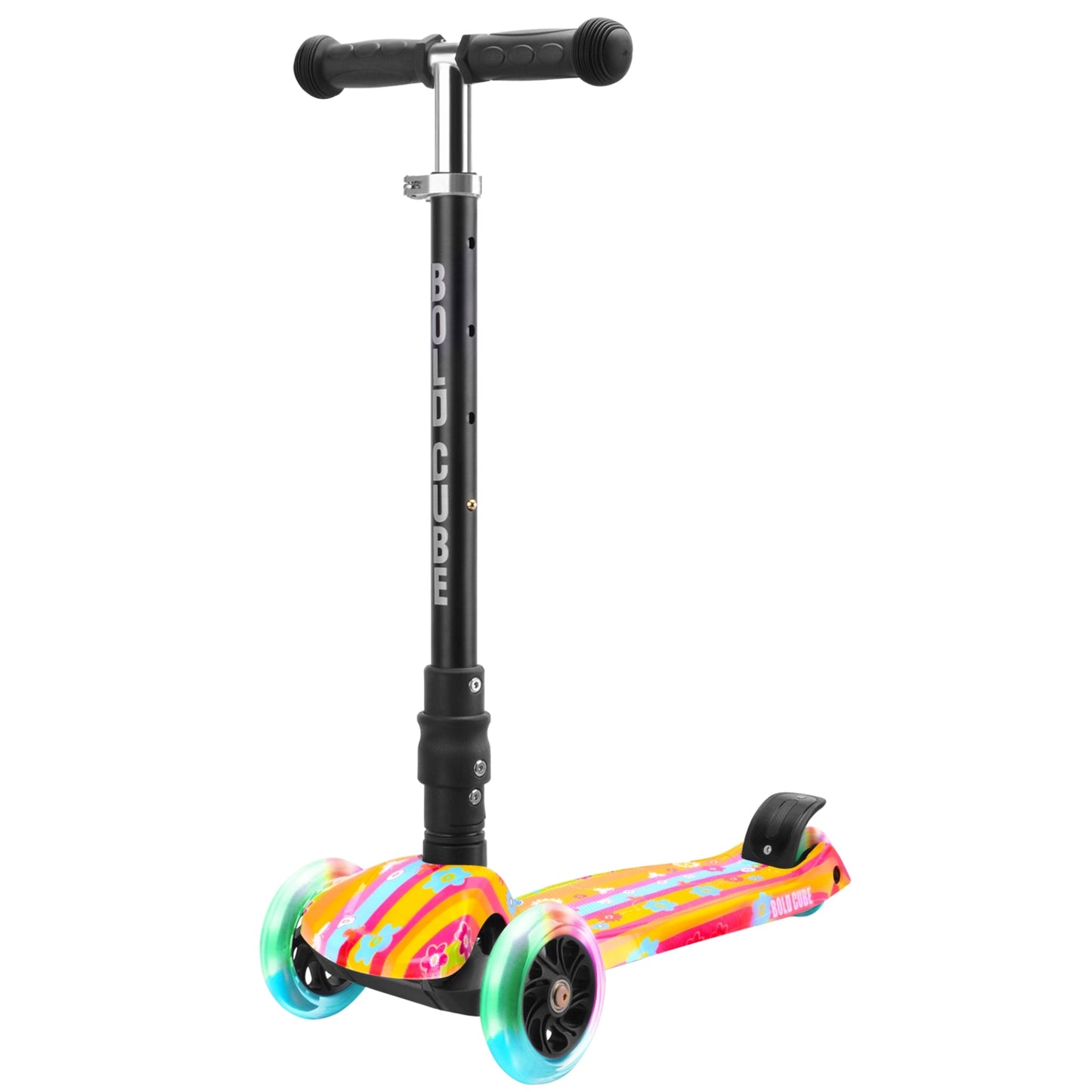 Children's scooter with colorful wheels on a white background