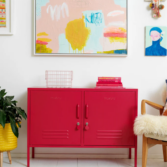 Poppy red locker in a living room