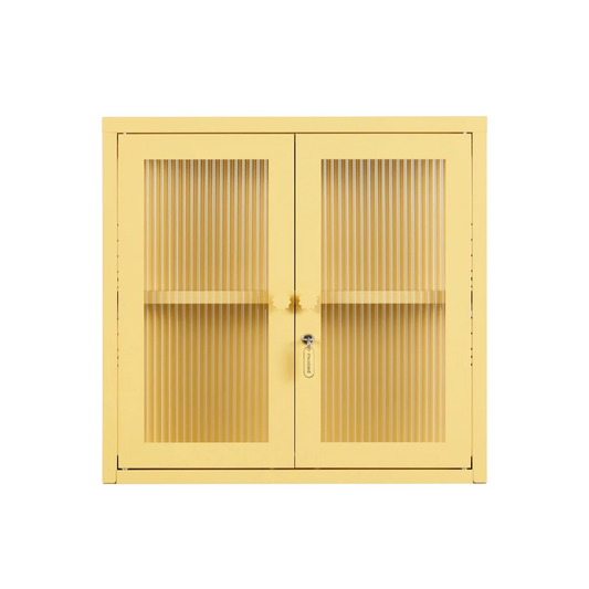 Pale yellow cabinet with glass on white background
