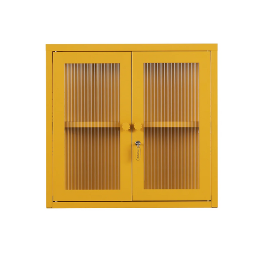 Yellow mustard cabinet with glass on white background
