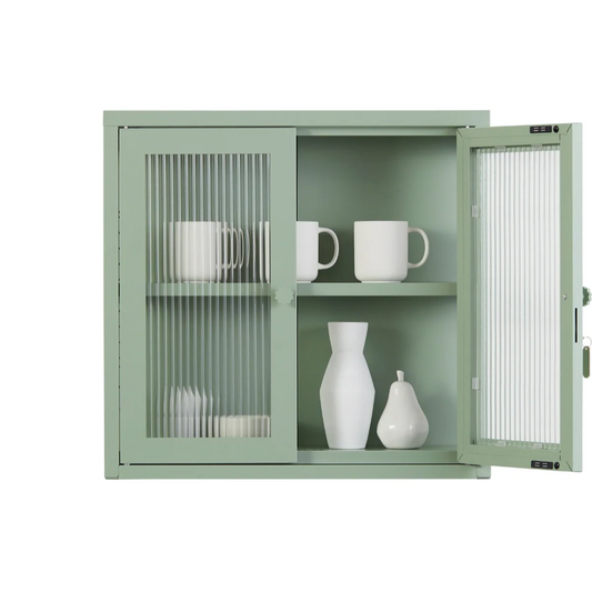 Cabinet in sage green with glass door open