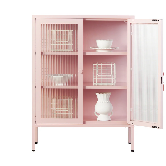 Pink blush cabinet with a glass door open