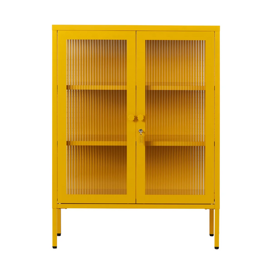 Mustard yellow and glass panel cabinet