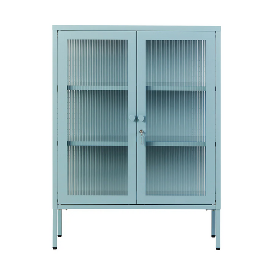 Ocean blue cabinet with glass on a white background