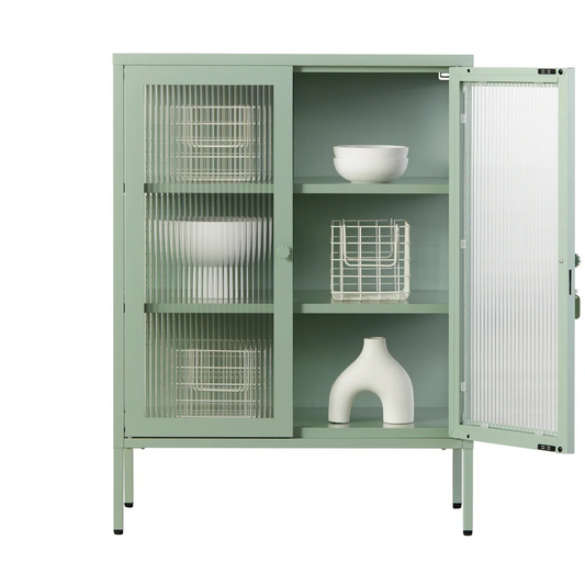 Sage cabinet with an open door