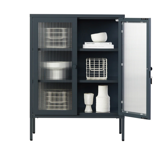 Cabinet in navy with glass. Door open
