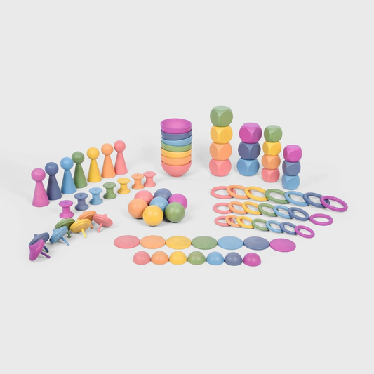 Assortment of wooden loose parts toys