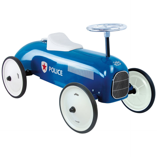 Blue police ride on toy car on white background