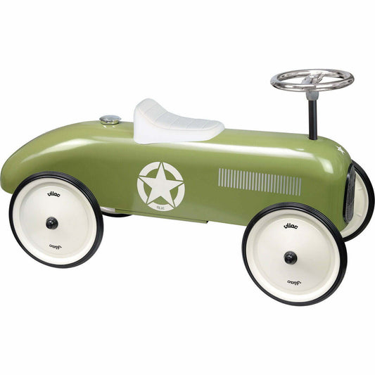 Khaki green ride on toy car on white background