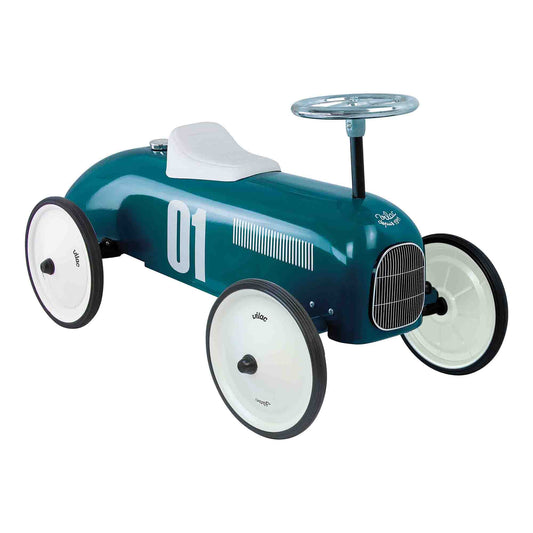 Children's toy car with vintage design on a white background