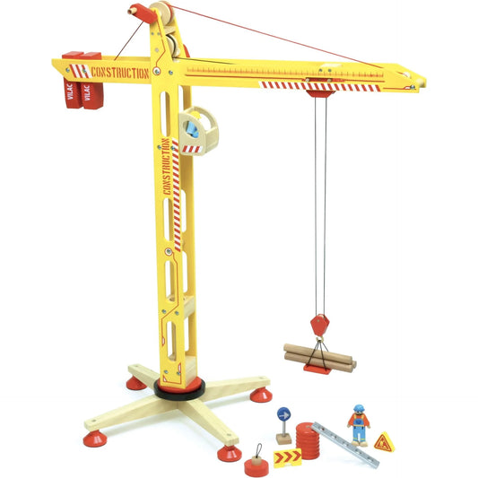 Yellow wooden toy crane and accessories