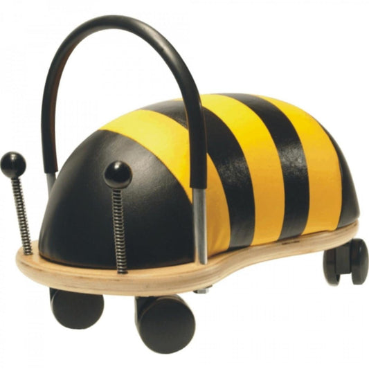 Toy car shaped like a bee with black and yellow stripes on a white background