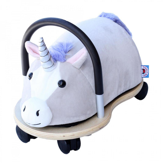 Unicorn-shaped ride-on toy with wheels on a white background