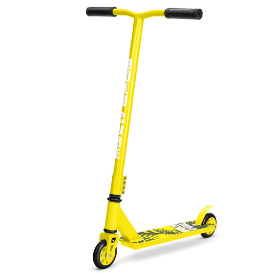 Yellow scooter with black handlebar on a white background